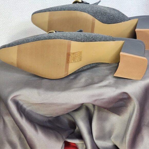 Newbella Grey Mousse Fit Pointed Toe Square Heel Gold Tone Chain Dress Mule 7.5 - Picture 15 of 16